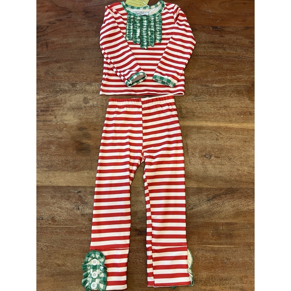 NWT Sugar Bee Ruffle Buttflap Pajamas Christmas Striped Holiday Lounge Size 18 M
